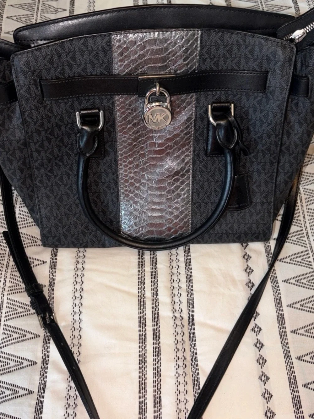 Michael Kors Black Tote with Metallic Silver Croc-Embossed Center
